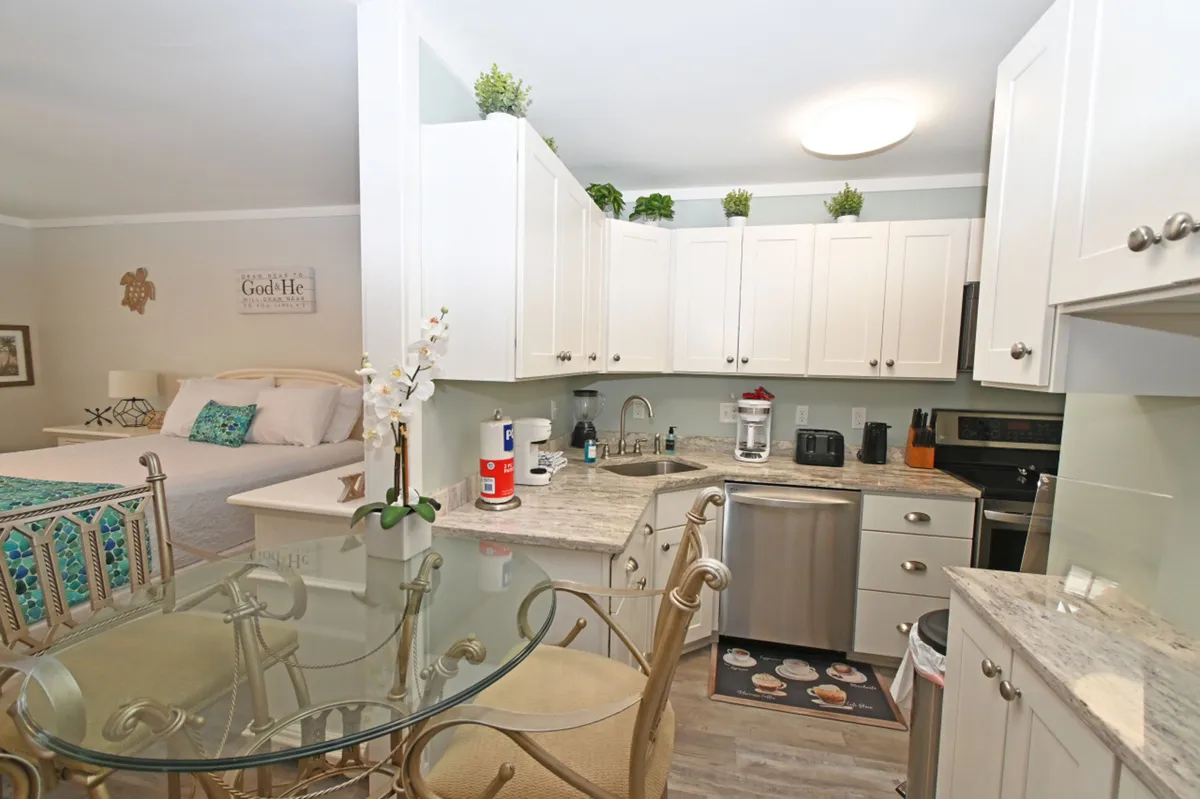 A compact modern kitchen area with white cabinetry and granite countertops seamlessly integrated into the studio, adjacent to a glass dining table with wrought iron chairs and a queen-size bed. Decorative plants add a fresh touch, and the open-plan layout is clear, showing how spaces for cooking, dining, and sleeping coexist harmoniously.